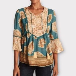 Vintage America split v-neck peasant blouse S tie neck tassel bohemian boho chic